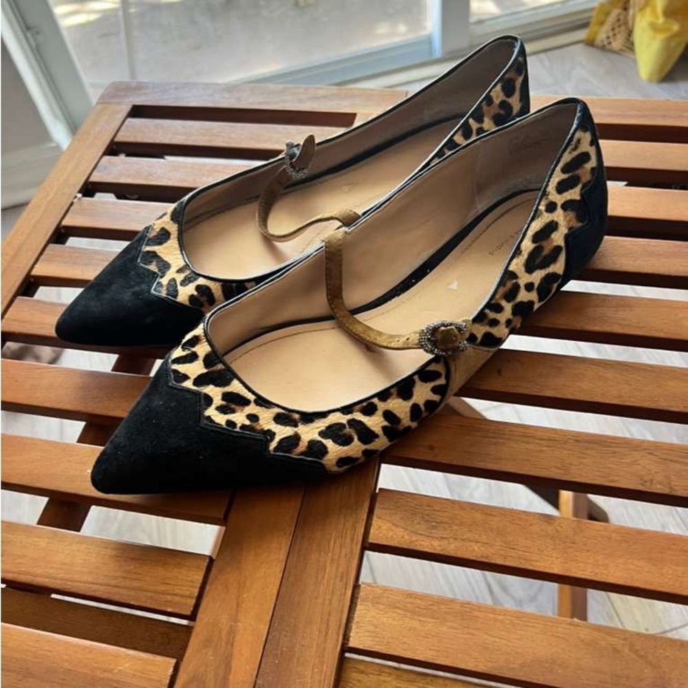 Coach Black and Leopard Print Pointed Mary Jane Flats